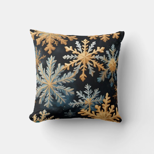 Coussin Snowflakes Magique Noël Noir Or Bleu (Recto)