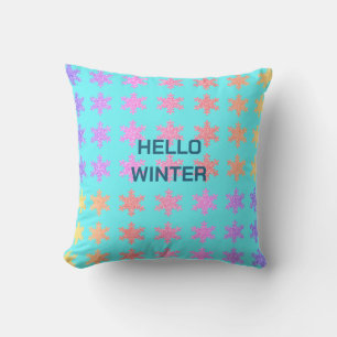 Coussin Snowflakes Motifs Bonjour hiver Typographie Bleu