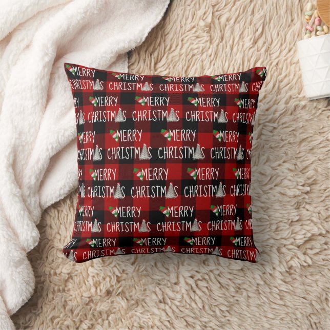 Coussin Snowman de Noël et arbre sur Buffalo Plaid (Couverture)