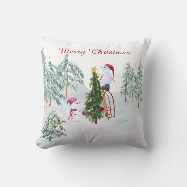 Coussin Snowman décorant l'arbre de Noël Scène d'hiver (Recto)