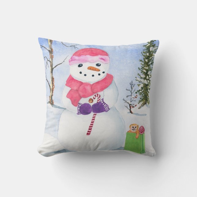 Coussin Snowman foulard rose canne à bonbons paysage d'hiv (Recto)