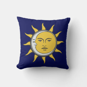 Coussin Soleil doré et lune d'argent sur bleu marine