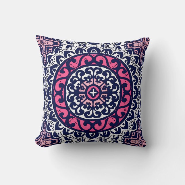 Coussin Soleil du sud-ouest Mandala, rose, marine et blanc (Recto)