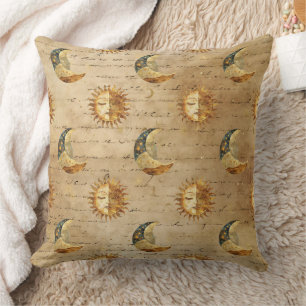Coussin Soleil Lune Céleste Doré Motif Astrologie Vintage