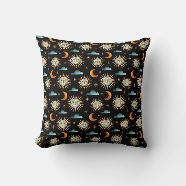 Coussin Soleil- lune- Nuages- Maya- Style noir (Recto)