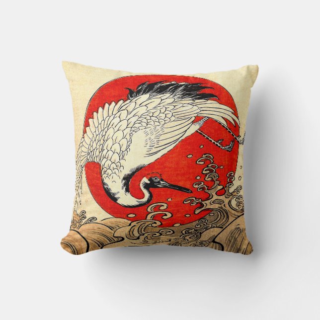 COUSSIN SOLEIL ROUGE, CRANE DE VOL JAPONAISE ET VAGUES MAR (Recto)