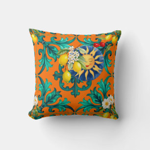 Coussin soleil sicilien, été, citron, mosaïque, bleu,