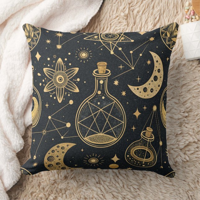 Coussin Sorcelerie céleste - Lune dorée, flacons de potion (Couverture)