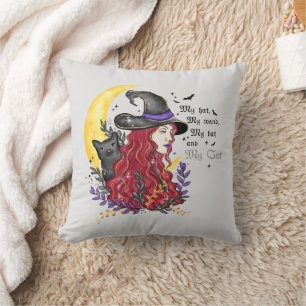 Coussin Sorcière, chat noir et lune de croissant