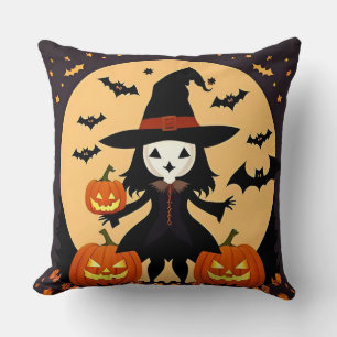 Coussin Sorcière d'Halloween avec citrouilles