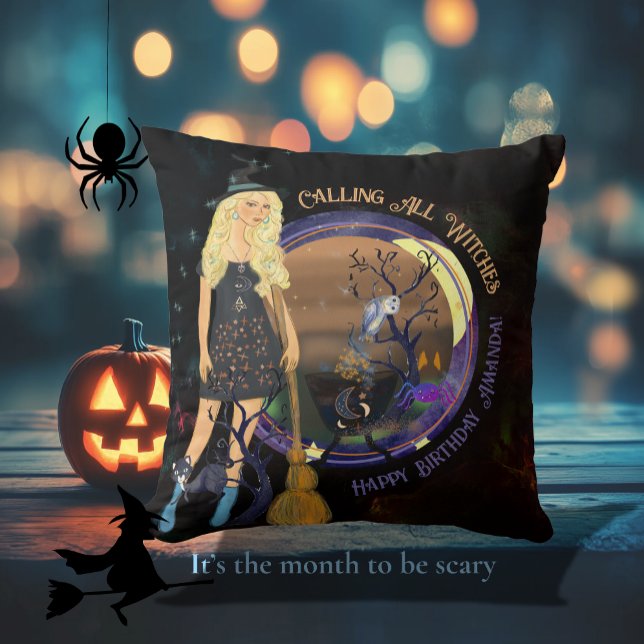 Coussin Sorcière d'Halloween Noir (Halloween Witch Birthday Black Throw Pillow)
