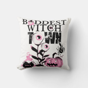 Coussin Sorcière la plus triste en ville Halloween en rose