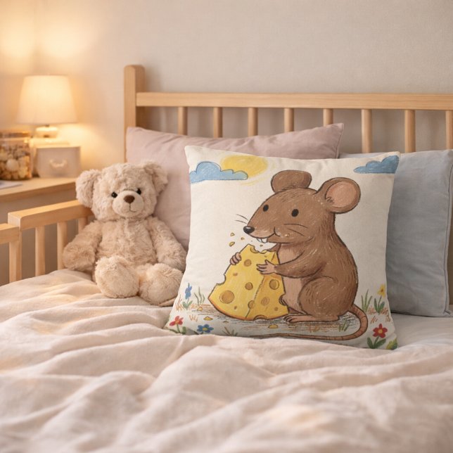 Coussin Souris Adorable Mangeant du Fromage Dessin pour En (Créateur téléchargé)