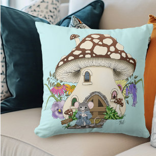 Coussin Souris Fantaisiste Maison Champignon Floral Bleu