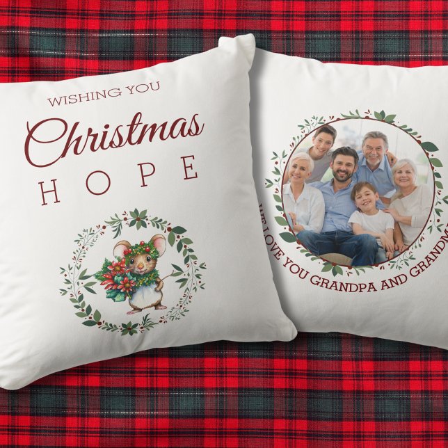 Coussin Souris grand-parent Photo de famille Noël Wreath (Créateur téléchargé)