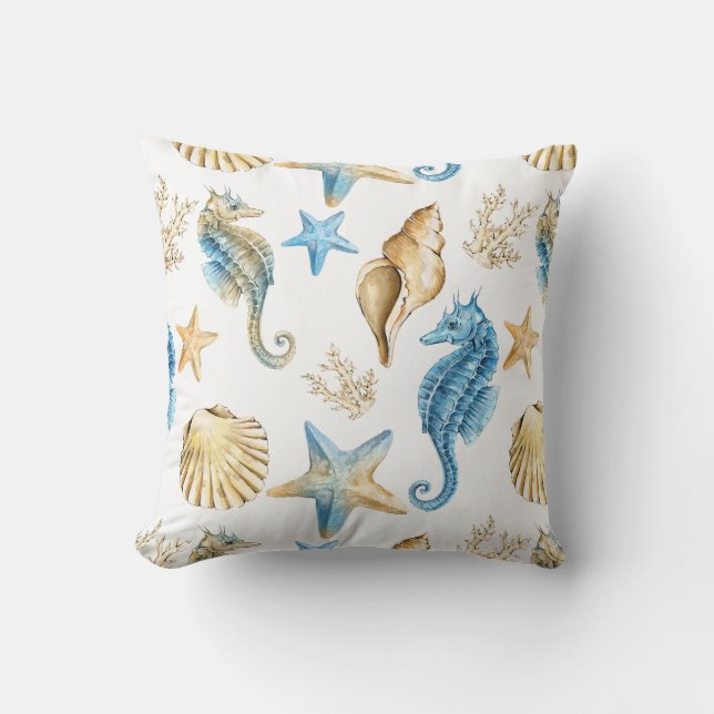 Coussin Sous l'hippocampe de bleu et d'or de mer (Recto)