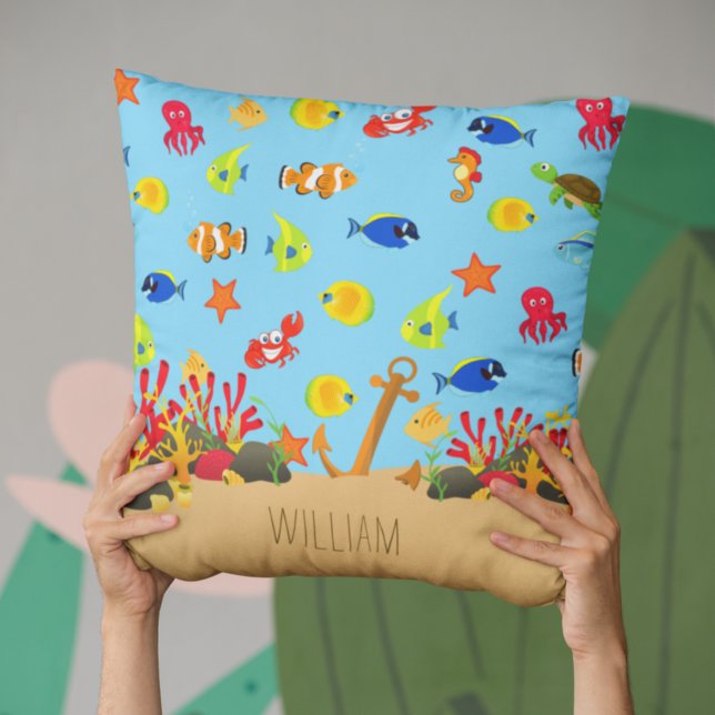 Coussin Sous l'océan marin Poisson et Ancre Nom de l'enfan (Créateur téléchargé)