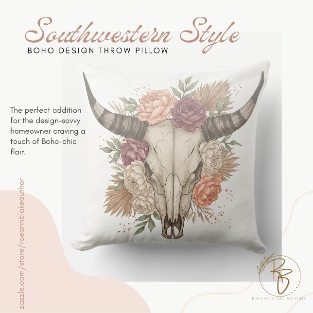 Coussin Southwestern Boho Design Bull Skull Throw Pillow (Créateur téléchargé)