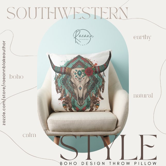 Coussin Southwestern Boho Design Bull Skull Throw Pillow (Créateur téléchargé)