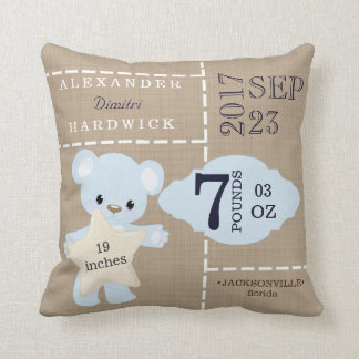 Coussin Souvenir bleu de stat de naissance d'ours de