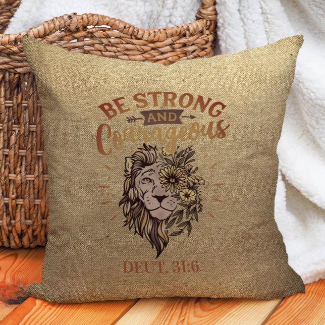Coussin Soyez forte et courageuse Bible chrétienne Lion (Lion "Be strong and courageous" Christian Bible verse decorator pillow)