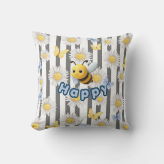 Coussin Soyez heureux avec des marguerites et des papillon