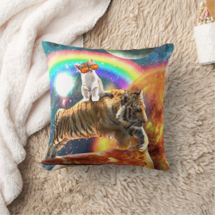 Coussin Space Galaxy Cat Riding Tiger sur Pizza