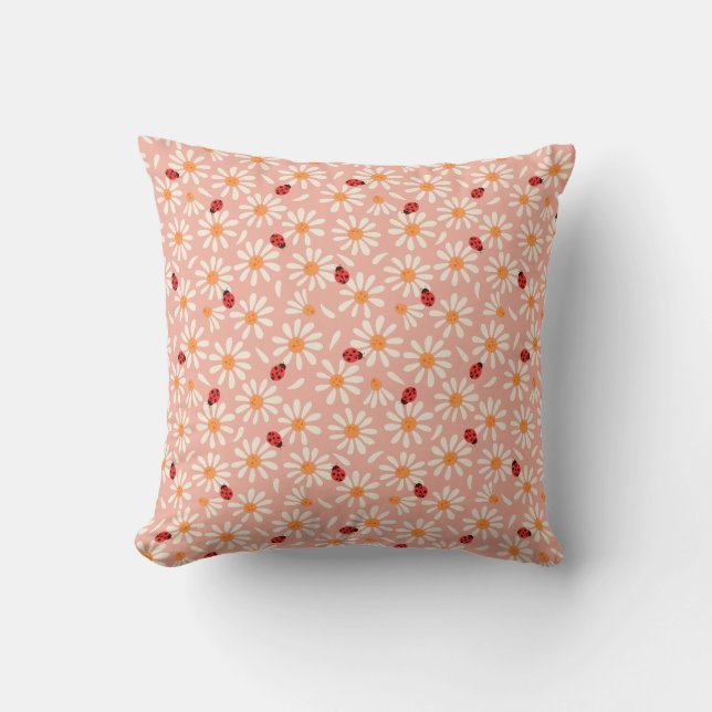 Coussin Spring Ladybugs and Daisies Throw Pillow (Recto)