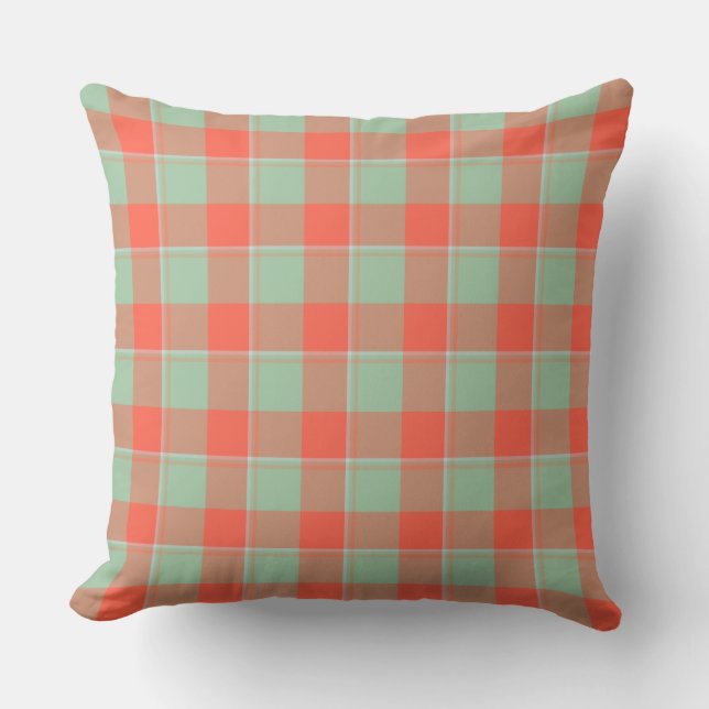 Coussin Spring Rain and Persimmon Plaid Green Apricot (Recto)