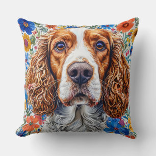 Coussin Springer Spaniel avec fond floral coloré