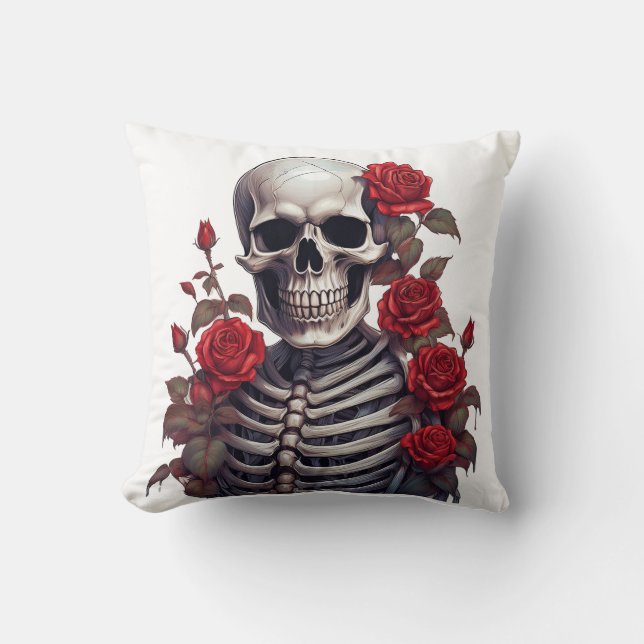 Coussin Squelette Avec Roses Rouges (Recto)