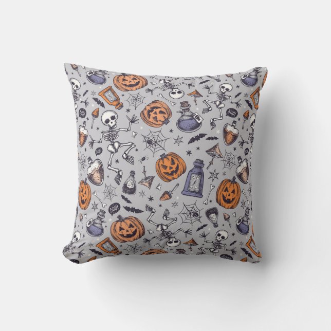 Coussin Squelette d'Halloween vintage et Motif de potions (Recto)