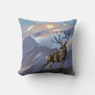 Coussin Stag sur la montagne au clair de lune - peinture A