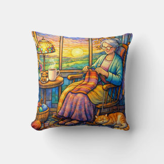 Coussin Stained Glass Grandma Knitting, Cat & Cozy Home 