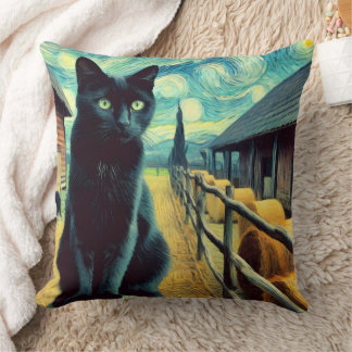 Coussin Starry Night Black Cat Green Eyes