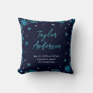 Coussin Statistiques de naissance à flocons de neige bleus