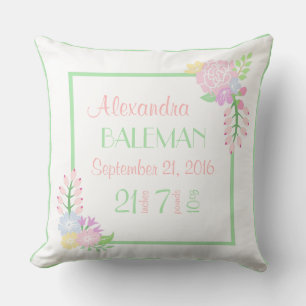 Coussin Statistiques de naissance Baby Girl Floral Throw O