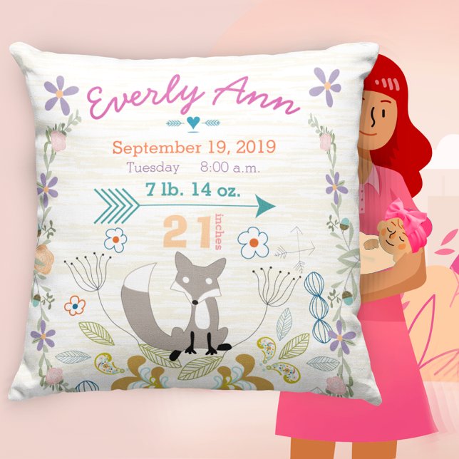 Coussin Statistiques de naissance Bébé Fille Woodland Créa (Créateur téléchargé)
