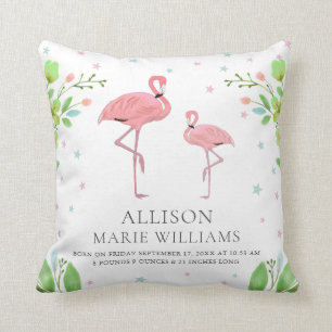 Coussin Statistiques de naissance de bébé fille au flamant