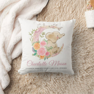 Coussin Statistiques de naissance de bébé fille éléphant l