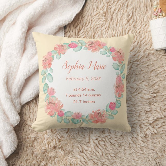 Coussin Statistiques de naissance de bébé fille florale aq (Couverture)