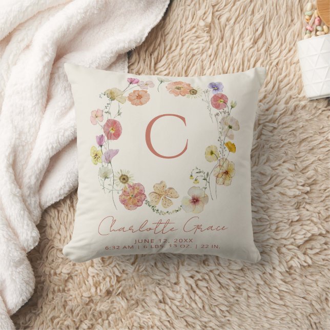 Coussin Statistiques de naissance des filles Floral Wreath (Couverture)