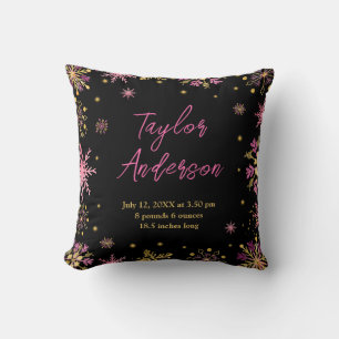 Coussin Statistiques de naissance flocons de neige or et r