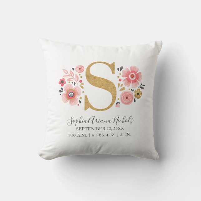 Coussin Statistiques de naissance Monogramme floral rose L (Recto)