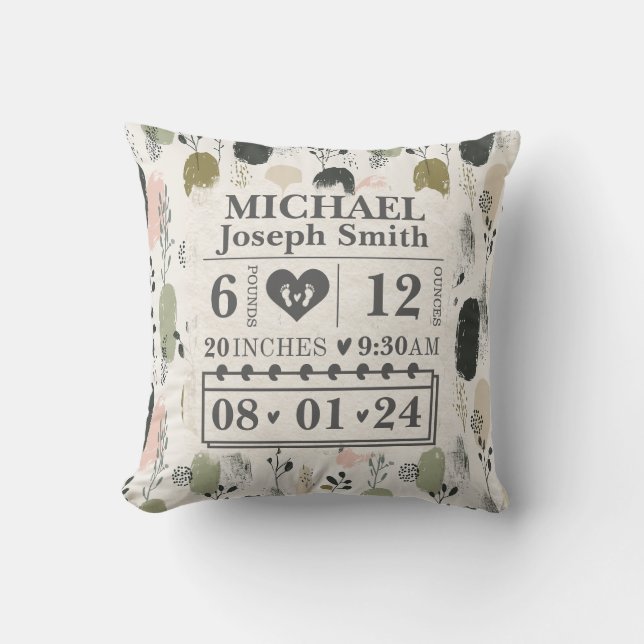 Coussin Statistiques de naissance personnalisées Boho (Recto)