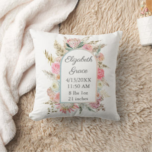 Coussin Statistiques de naissance personnalisées Pink Flor