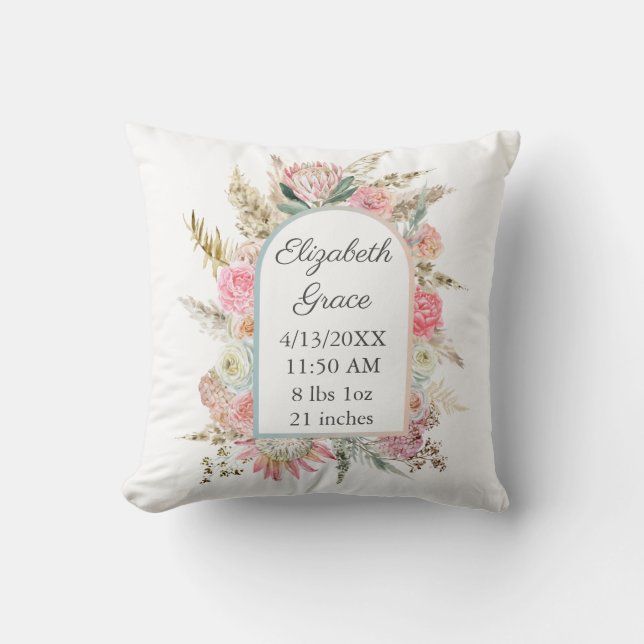 Coussin Statistiques de naissance personnalisées Pink Flor (Recto)