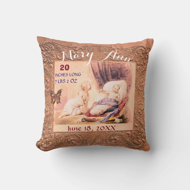 Coussin Statistiques Fille Bébé Antique Rose Floral Keepsa (Recto)