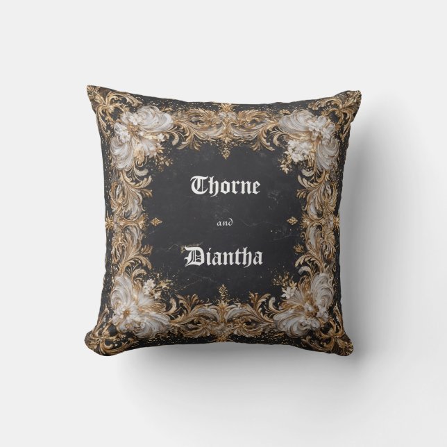 Coussin Sticker Mariage Floral Noir et Or (Recto)