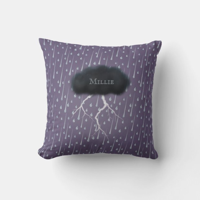 Coussin Stormy Day Thunder Cloud & pluie Customisé violet (Recto)
